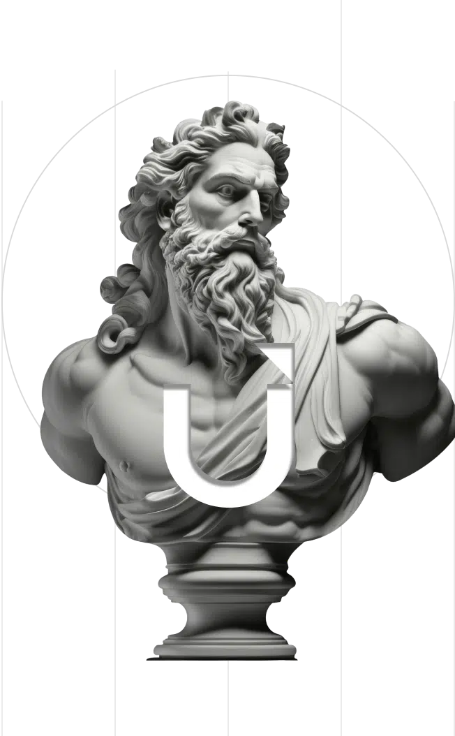 תמונה של פסל מסתכל לצד עם הלוגו מוטבע עליו